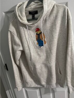 Forever 21 Men's Heather Light Gray Hoodie with Colorful Bear Graphic